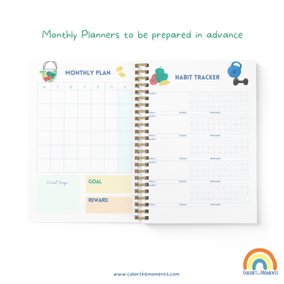 Inside the fitness journal: Monthly plan and habit tracker sections