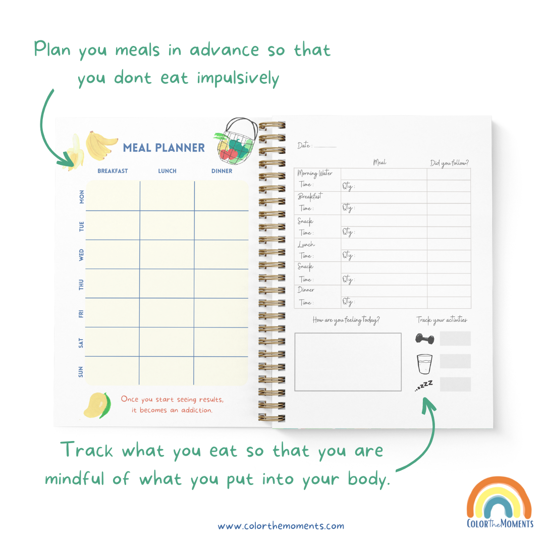 Inside the fitness journal spiral: Meal planner and track what you eat sections