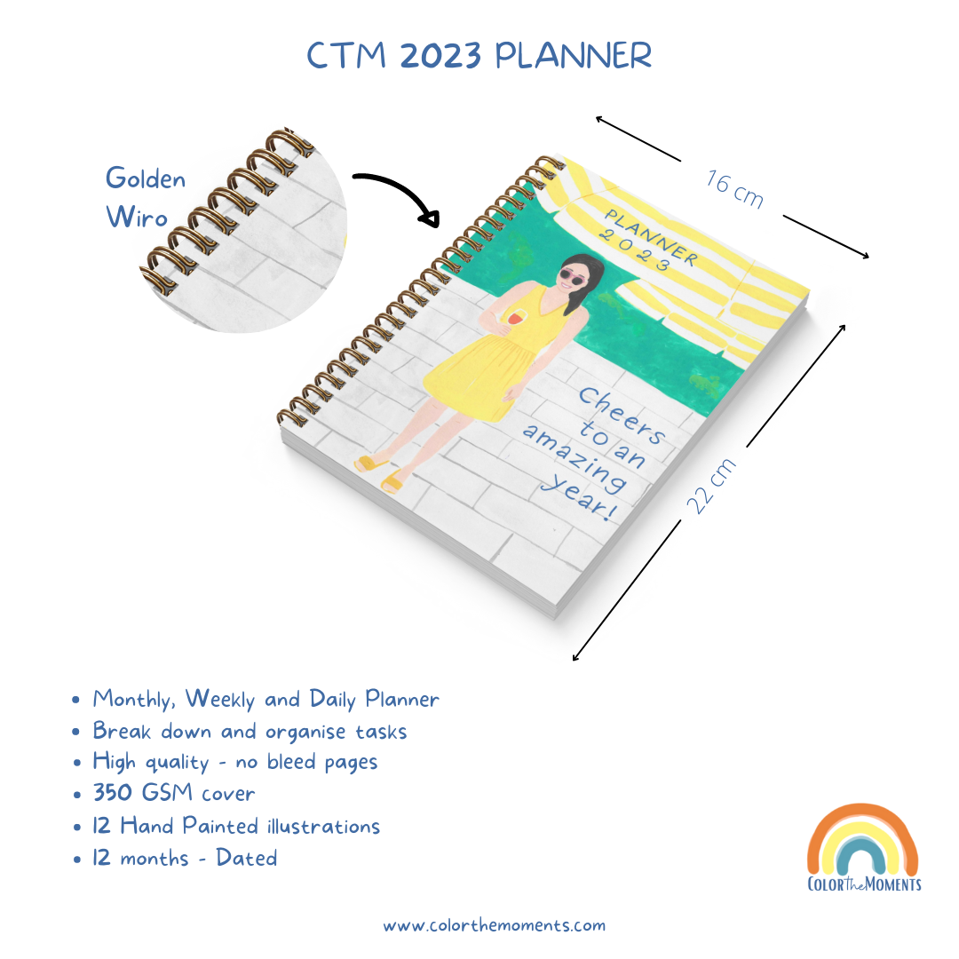 Characteristics of the 2023 Planner: 350 GSM cover, Golden Wiro, 22x26 cm, high quality pages, hand painted illustrations and dated planner.