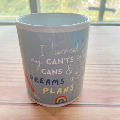 Dreams into Plans colorful, ceramic coffee mug with quote