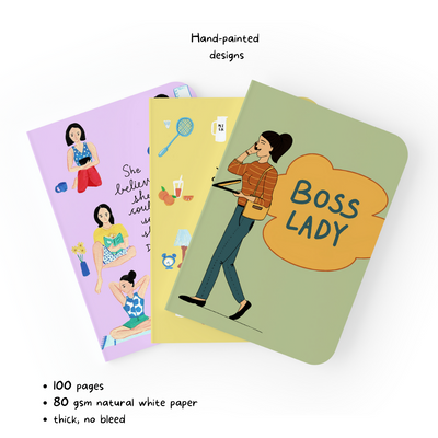 3 cute Classic notebooks characteristics: Hand painted designs, rounded corners, 100 pages, 80 gsm natural white paper, thick no bleed ruled pages