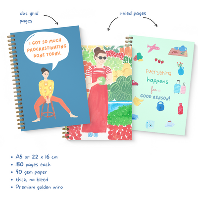 Colourful notebook's characteristics: 2 ruled notebooks plus one with dot grid pages. A5 or 22x16 cm, 180 pages each, 90 gsm paper, thick, no bleed, premium golden wiro