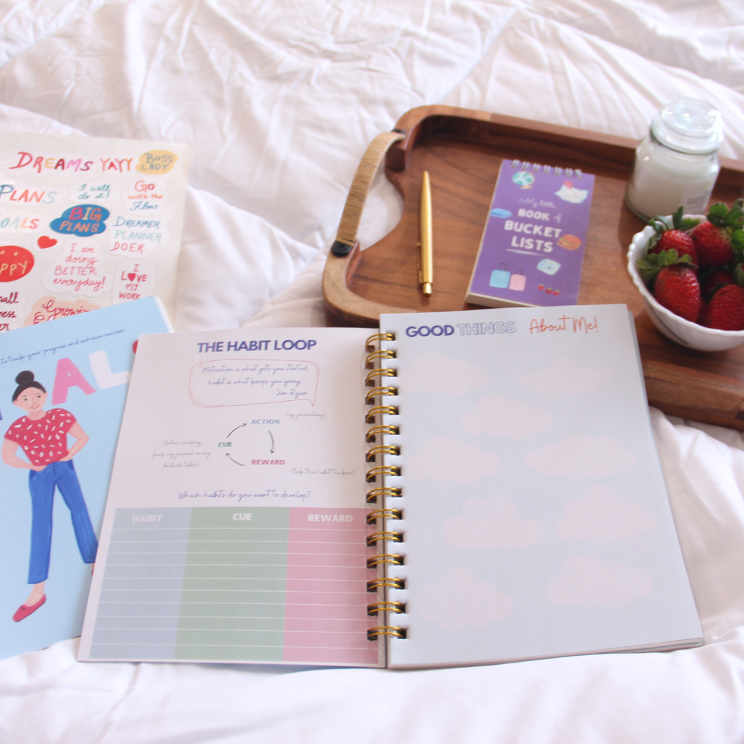 Inside the cozy up journal: The habit loop and good things about me sections