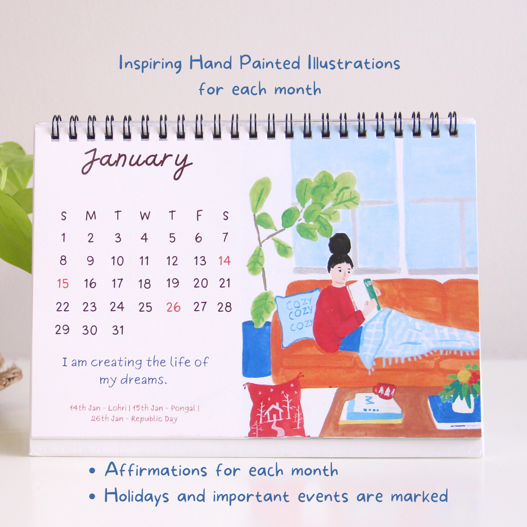 Inside the affirmations calendar: Inspiring hand painted illustrations for each month, affirmations for each month and marked holidays and important dates.