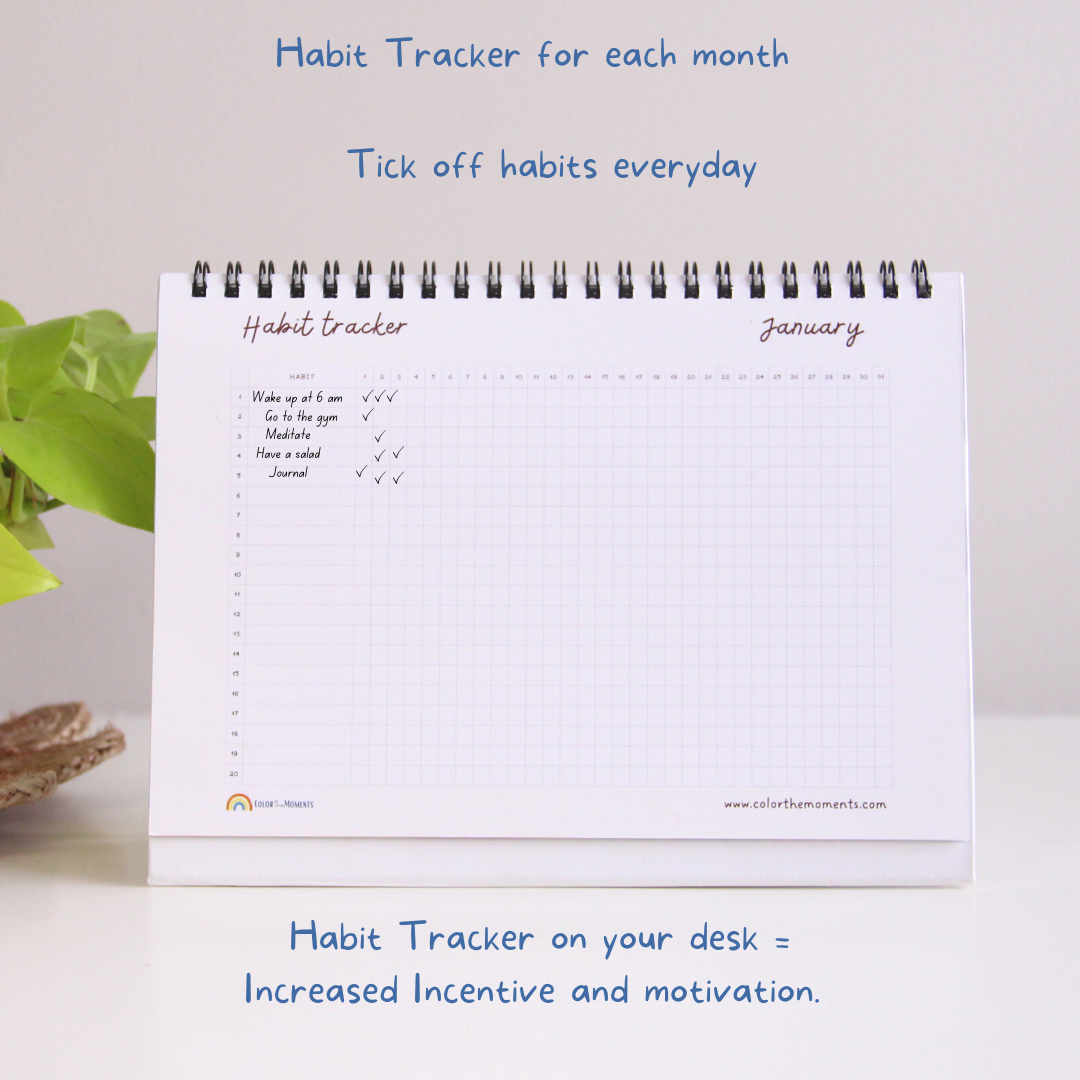 Inside the affirmations calendar 2023: Habit tracker for each month. Write down the habits you want to maintain throughout the month and tick them off each day.