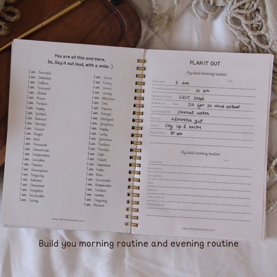 Inside the AM PM Gratitude journal: 'I AM' affirmations and morning and evening routine planners.