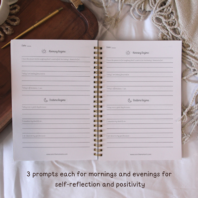 Inside the 5 minute gratitude journals: 3 prompts each for mornings and evenings for self-reflection and positivity