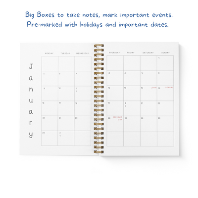 Inside the 2023 Planner: Monthly calendars with big boxes to take notes, mark important events. Pre marked with holidays and important dates.