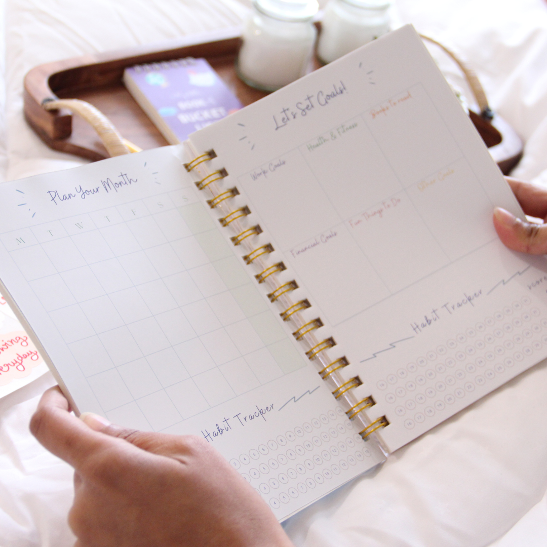 Inside the cozy up journal: Plan your month, let's set goals and habit tracker section