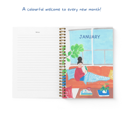 Inside the 2023 Planner: Sections of writing notes and colorful hand painted illustrations to welcome every month.
