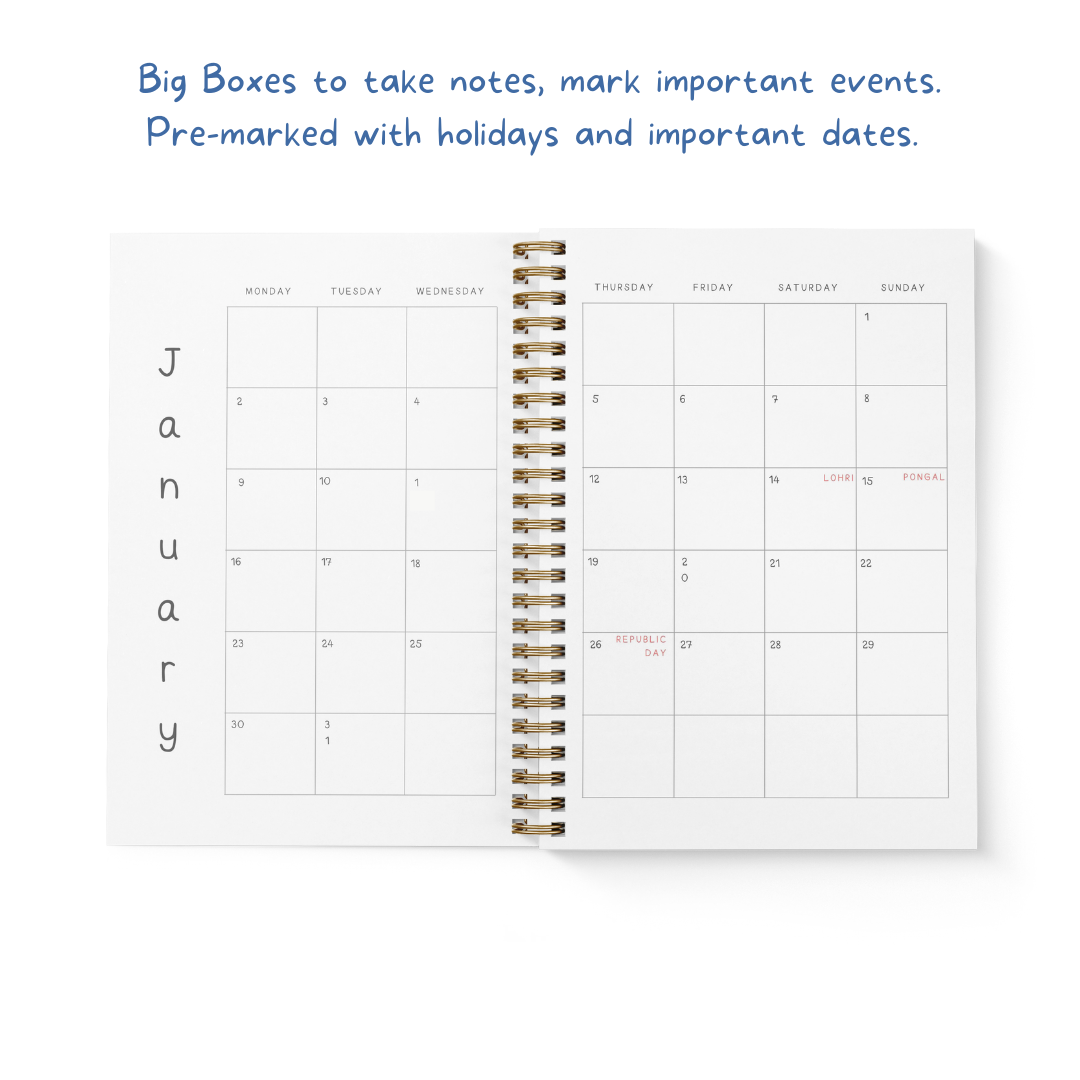 Inside the 2023 Planner: Monthly calendar with big boxes to take notes, mark important events. With pre-marked holidays and important dates.
