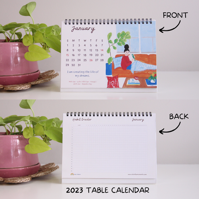 The affirmations calendar: Front side of a page contains the calendar and the hand painted illustrations. The back side contains the habit tracker.