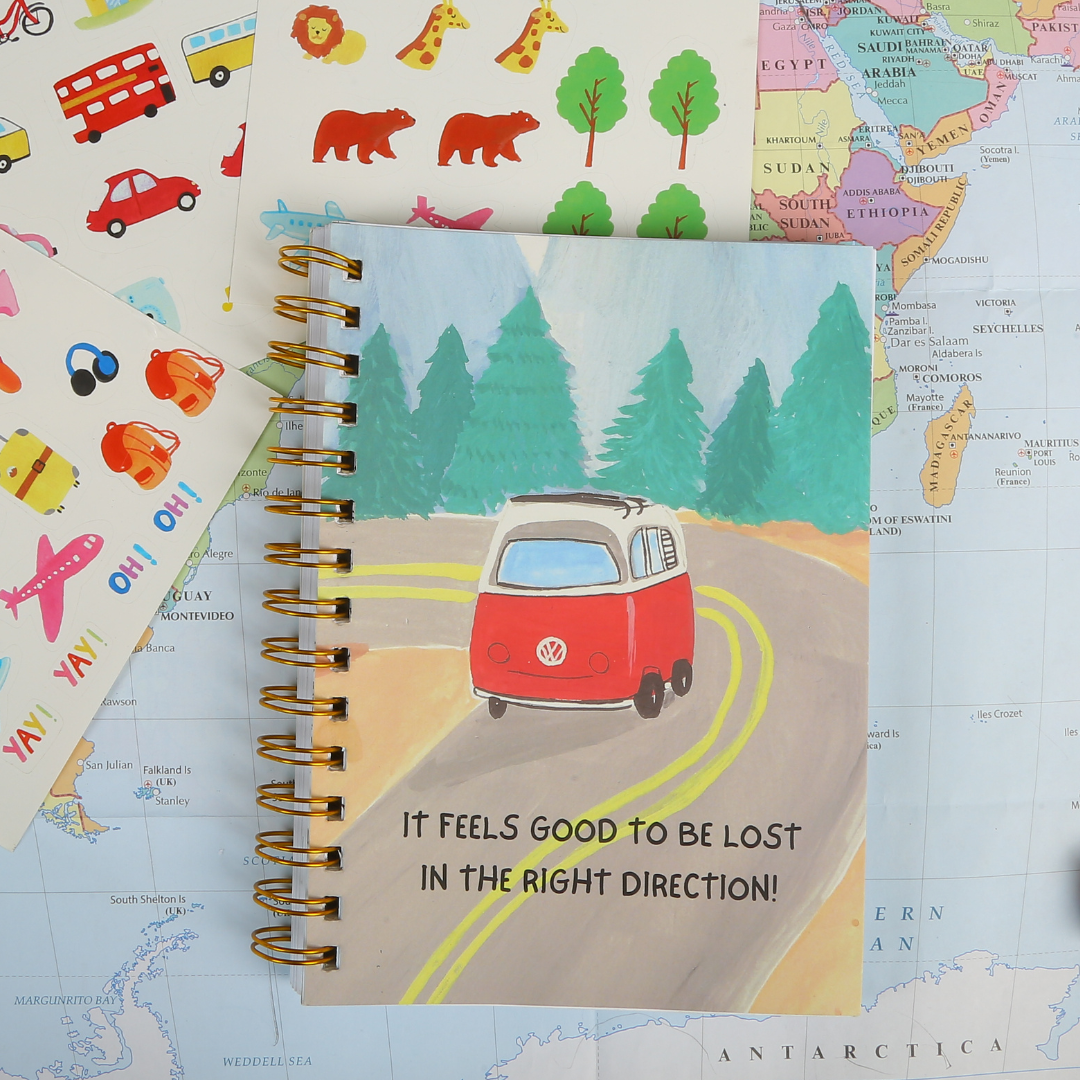 Illustrated travel journal with cover: It feels good to be lost in the right direction!